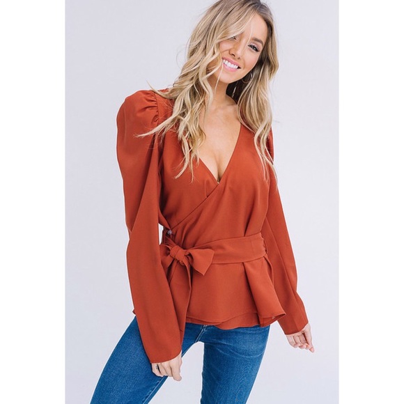 Brick V-Neck Wrap Puff Shoulder Top - Picture 3 of 7